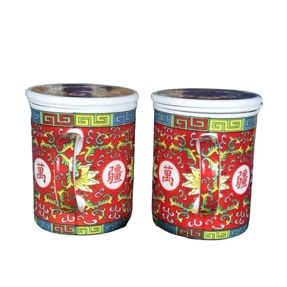 Eastern Asian Jingdezhen Red Longevity Lotus Porcelain Tea Infuser Lidded Cups - Picture 4 of 12